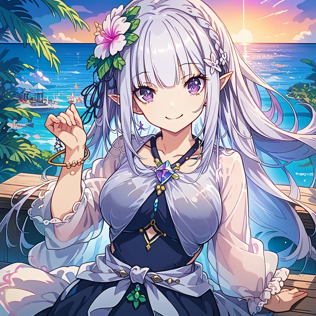 emilia, One girl,ysk, milf,  Long Hair, Silver Hair, Purple eyes, Pointed Ears, Hair Flower, Swimwear, see-through, Tropical Sea, Pier、Boat、evening, Beautiful sunset, Smile break The face is depicted in detail down to each individual eyelash, super detailed face, ((super detailed eye)), sharp focus、masterpiece、16K, highres, super details, uhd, masterpiece、Beautiful attention to detail:1.2, Perfect lighting, (perfect hand, perfect anatomy), Precise depiction, game cg, Vibrant colors