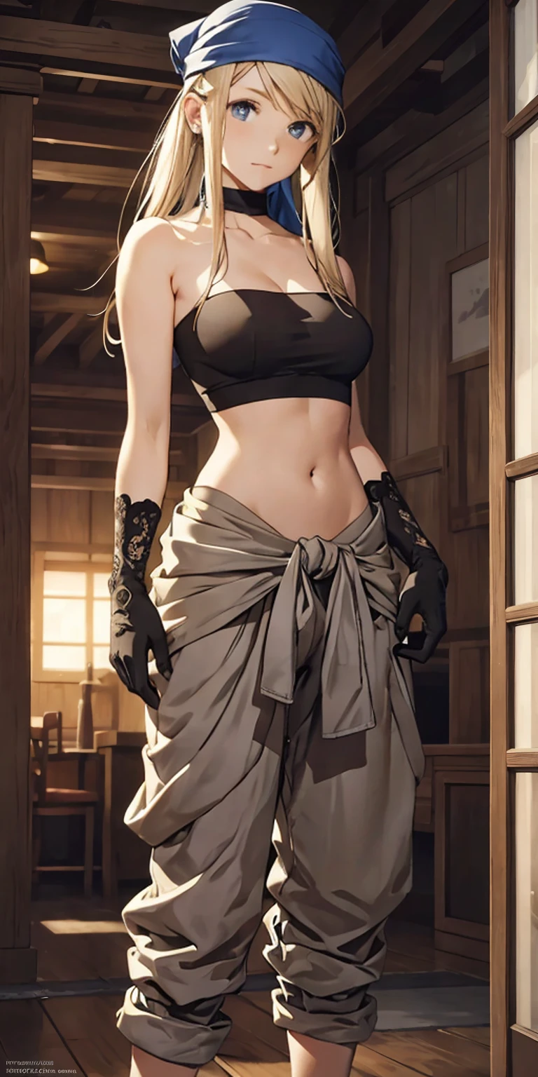 ((photo by full body, standing, Feet on the ground)) winryrockbell, winry rockbell, blue eyes, blonde hair, BREAK gloves, navel, cleavage, bare shoulders, collarbone, earrings, midriff, pants, stomach, bare arms, strapless, bandana, bandeau, tube top, grey gloves, BREAK indoors, BREAK looking at viewer, BREAK (masterpiece:1.2), best quality, high resolution, unity 8k wallpaper, (illustration:0.8), (beautiful detailed eyes:1.6), extremely detailed face, perfect lighting, extremely detailed CG, (perfect hands, perfect anatomy),