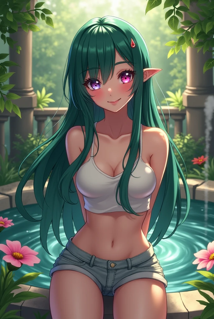 (nsfw:1.1),{erotic face,looking away,enchanting smile}, {1 elf_woman,(small breasts:1.2,slender body,thin thighs:1.2),(silver_green colored hair,medium hair,braid hair intricately),(dark_green colored eyes),(pin-up girl:1.2)},BREAK {(partially visible vulva:1.5),(pussy line),(skindantation:1.2),(topless:1.4),(Horizontal striped pattern tiny micro bikini:1.3)},BREAK,{(Sit on a metal bar stool with a high seat:1.2),(Gravure pose:1.4),(hand on waist)},BREAK,{(under the sky on a tropical coast),(tropical flowers:1.2),(cast a shadow on the background:1.4)},BREAK,{bright midsummer sunshine,(Gravure photography:1.4)},{(masterpiece,best quality)}