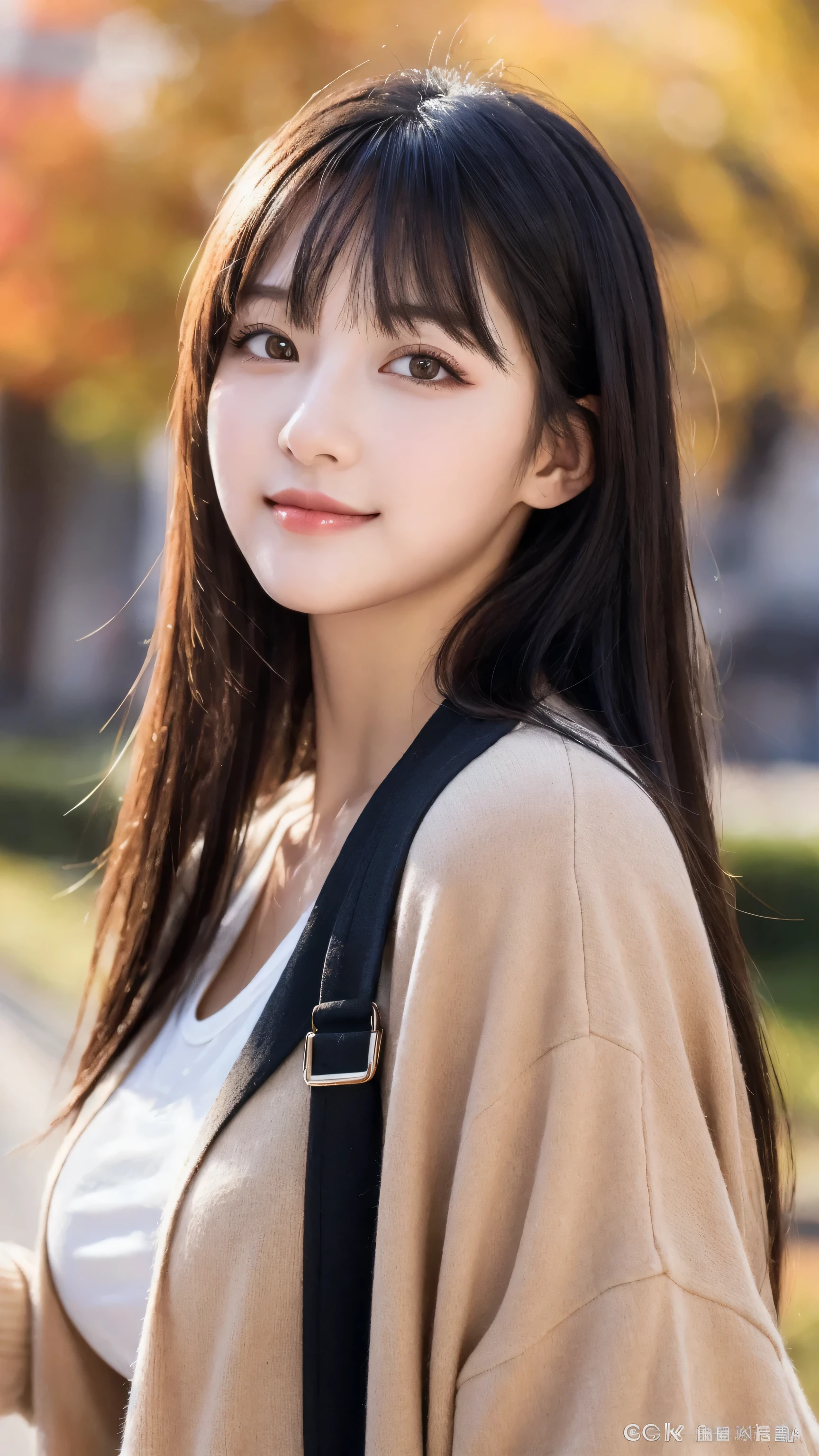(8k, RAW Photo, Best Quality, Masterpiece:1.2), table top, Ultra Detail, Super Resolution, (Realistic, Realistic Photo:1.37), Portrait, High Detail RAW Color Photo, Professional Photo, Extremely Detailed and Beautiful, Extremely detailed, 8k wallpaper, amazing and detailed, huge file size, official art, highly detailed CG unity 8k wallpaper, highly detailed beautiful girl, highly detailed face, highly detailed eyes, highly detailed skin, highly detailed fingers, highly detailed nose, very detailed detailed mouth , perfect anatomy, highly detailed background, highly detailed clothes, (1 girl),(1 girl), cute girl, realistic body, fair skin, glowing skin , slim body, handsome body, black hair , semilong hair, (blunt bangs:1.2), smile, cute, youthful, cute face, realistic face, delicate eyes, drooping eyes, looking at viewer, facing front, standing posture, Contraposto, (large breasts), (Perfect Body Proportions), (slender Body Proportions), super sexy pose, (early fall fashion),