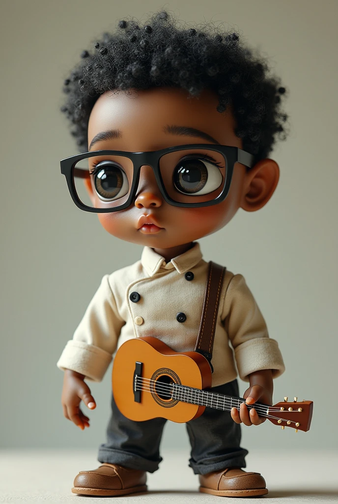 Create a boy with curly hair, wearing black glasses, wearing a black shirt, black pants and white sneakers, playing a black guitar.
