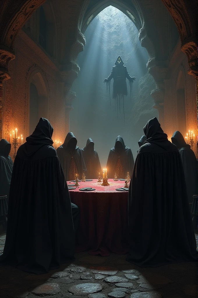 a secret society meeting, hooded figures around a table, mysterious plans, occult, ritual, candles, dark and moody atmosphere, chiaroscuro lighting, deep shadows, dramatic poses, heavy robes, grim expressions, intricate symbols, ancient tomes, glowing amulets, foreboding presence, ominous energy, masterpiece, photorealistic