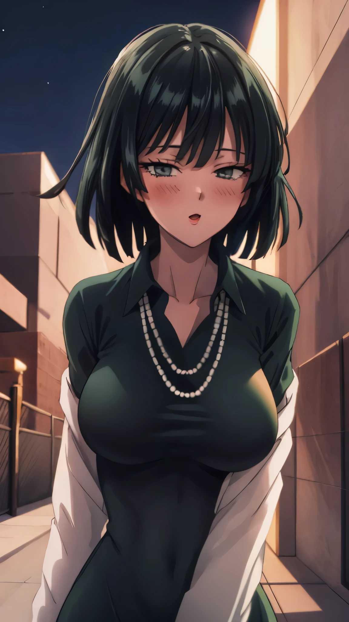 （（super high quality,））（（Ultra-high resolution,））（16k,）（super masterpiece,）（（Ultra HD ,））（Detailed shading,）Looking directly at the camera,Upper body photo,Beautiful rooftop with night view and night sky,One sexy woman,Short black hair,Hair lifted by the wind,Very large breasts,A long black dress with a tight collar,Long sleeve,happy,blush,necklace,Extend your arms towards the camera,