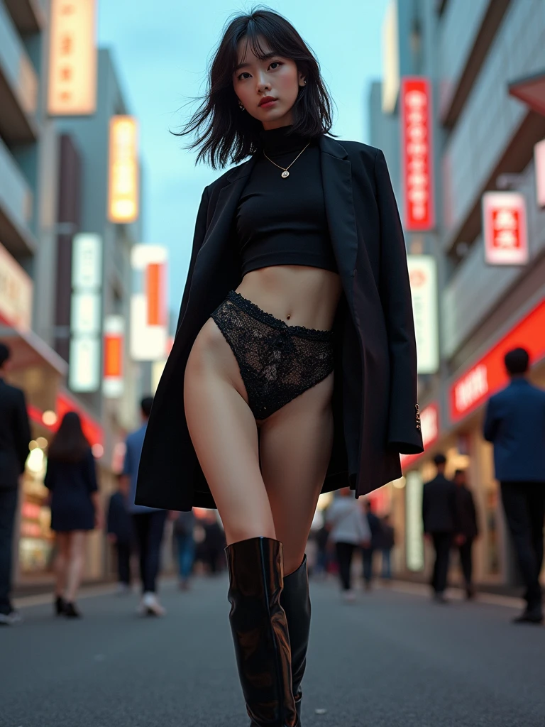 Create a hyper-realistic, 8K high-resolution image suitable for a PC screen. The setting is a cyberpunk, futuristic Tokyo, specifically in Shinjuku, at night. The scene features a fashionable woman walking through the streets, wearing armor that highlights her body lines. Her expression is cool and composed. The cityscape is illuminated by neon lights, with light trails creating a mystical yet energetic atmosphere.