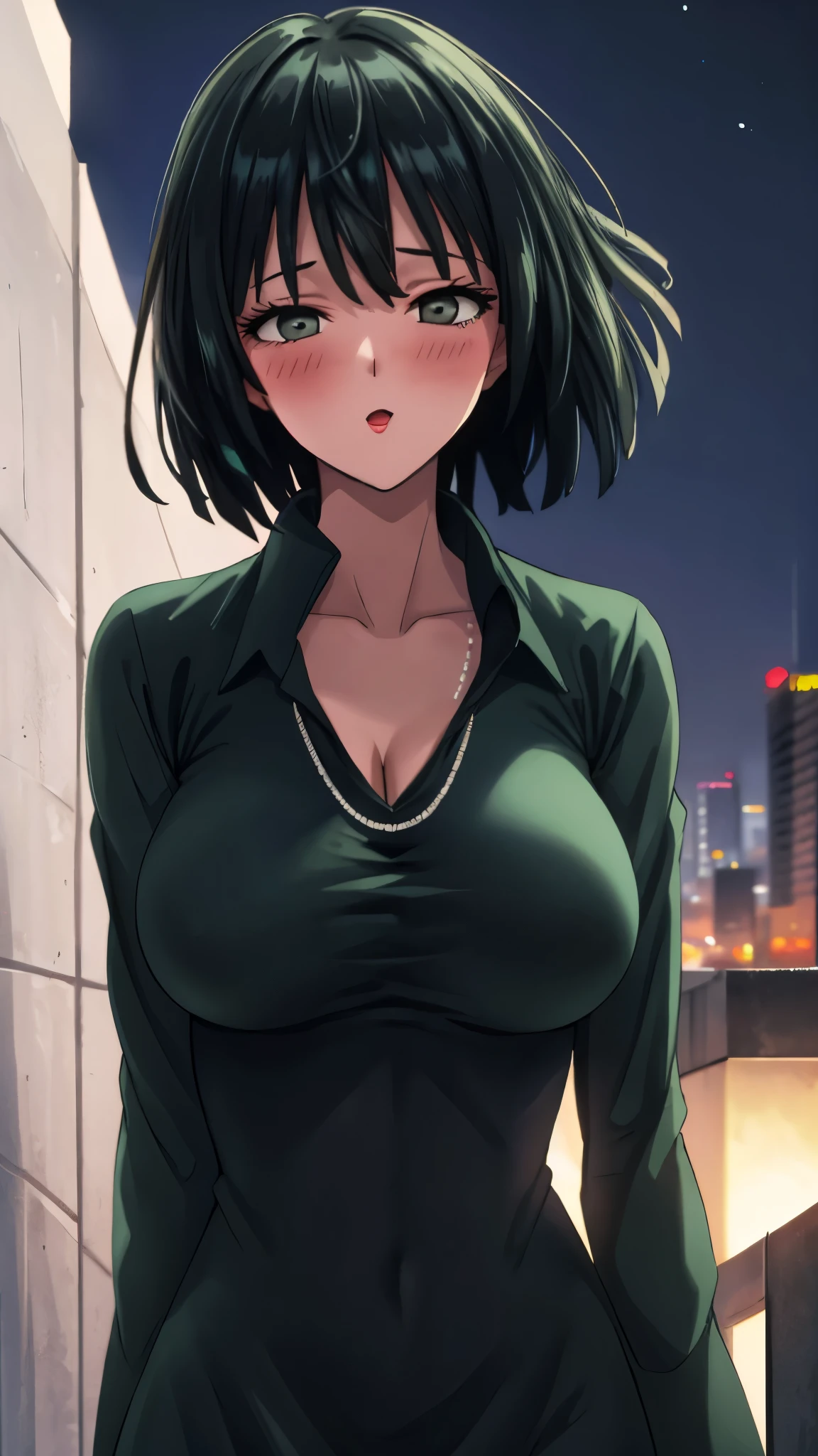 （（super high quality,））（（Ultra-high resolution,））（16k,）（super masterpiece,）（（Ultra HD ,））（Detailed shading,）Looking directly at the camera,Upper body photo,Rooftop with a night view,One sexy woman,Short black hair,Hair lifted by the wind,Very large breasts,A long black dress with a tight collar,Long sleeve,happy,blush,necklace,Extend your arms towards the camera,