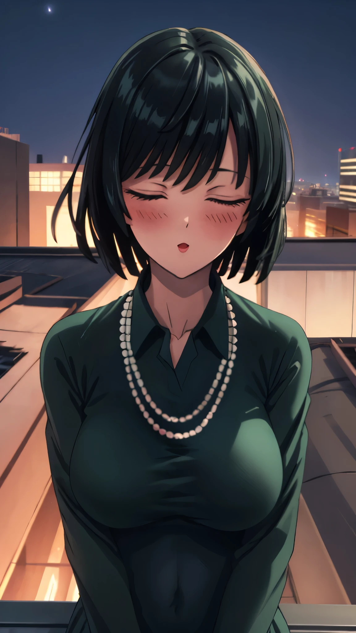 （（super high quality,））（（Ultra-high resolution,））（16k,）（super masterpiece,）（（Ultra HD ,））（Detailed shading,）Looking directly at the camera,Upper body photo,Rooftop with a night view,One sexy woman,Short black hair,Hair lifted by the wind,Very large breasts,A long black dress with a tight collar,Long sleeve,happy,blush,necklace,Extend your arms towards the camera,