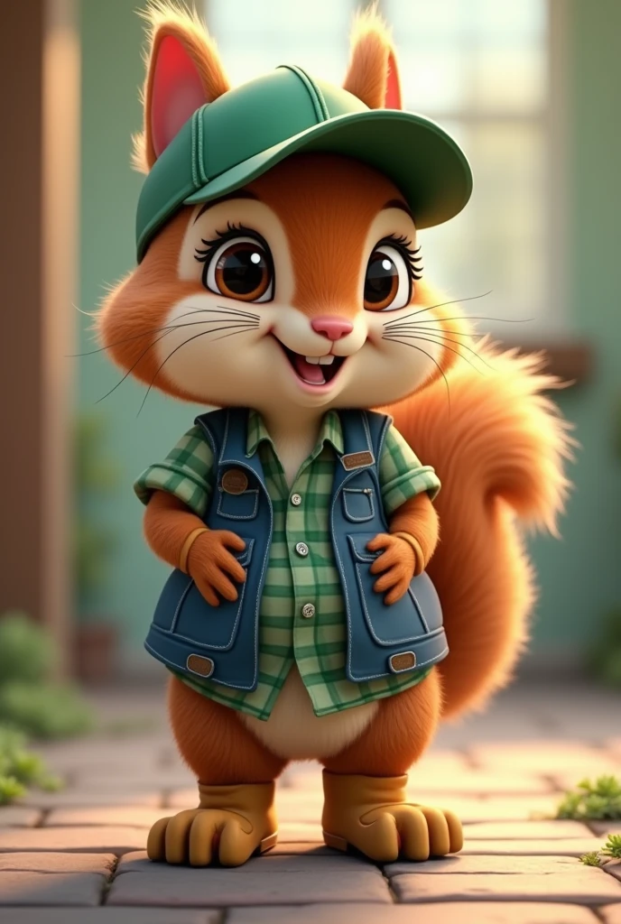 Corporate Mascot, very feminine squirrel, with safety boots, dark jeans, green cap, indigo vest green checked shirt, welcoming visitors,