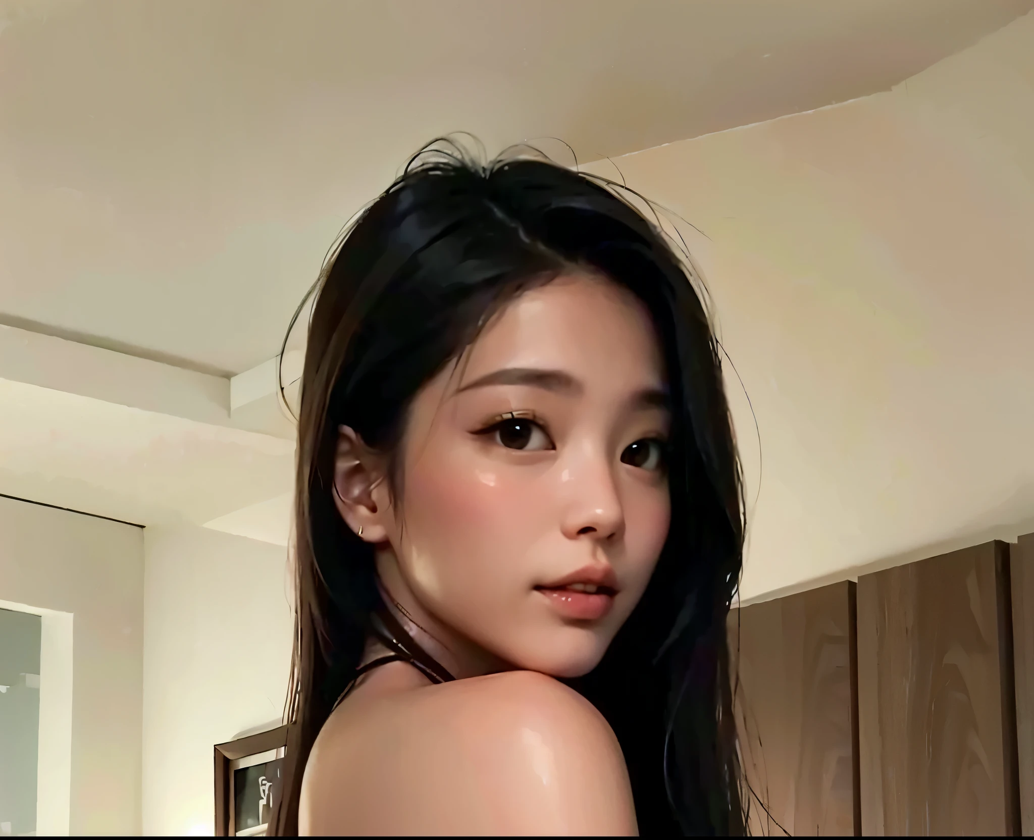 sexy exotic indonesian girl with arms strechcing and armpits exposed above her head.