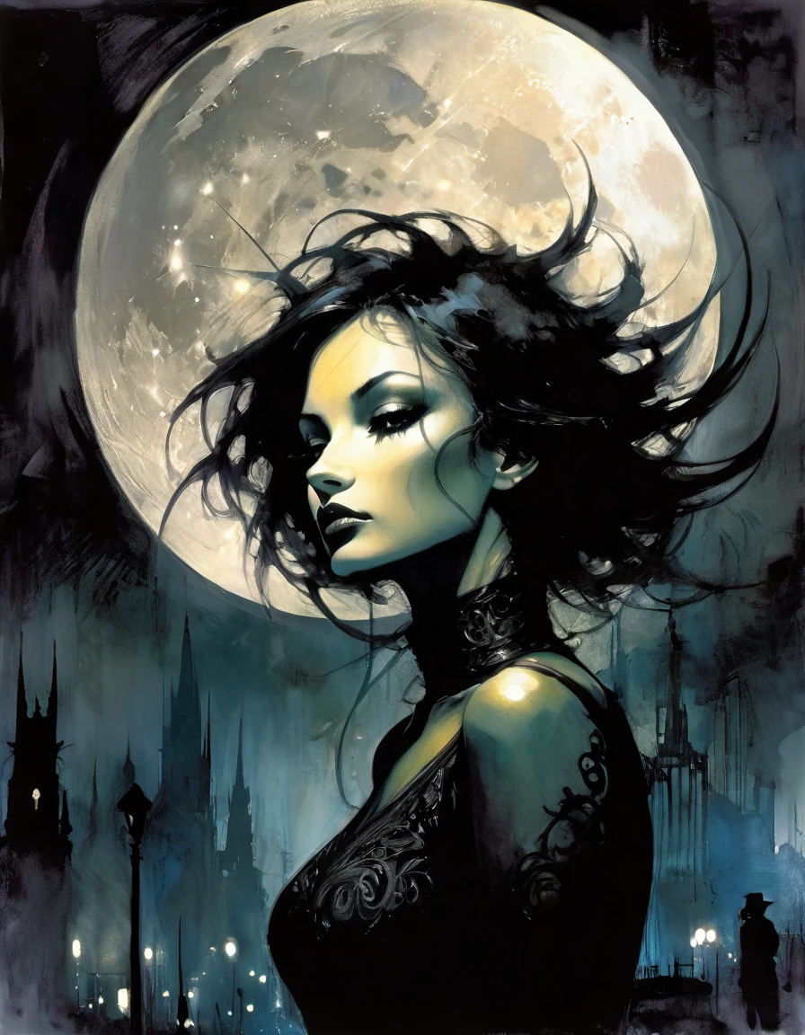 sexy, dark, loneliness, magic, fantastic, night sky, moon, stars, background, (art inspired by Bill Sienkiewicz, intricate details, oil painted )
