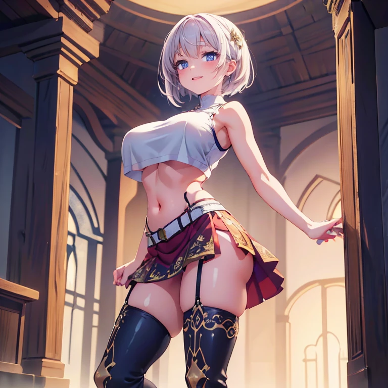 full body Waifu beautiful detailed eyes, beautiful detailed lips, extremely detailed eyes and face, longeyelashes, 1girl, sensual, young woman, sexy medium / large breasts, beautiful feminine face, nice sexy thighs, slim, sexy, erotic, beautiful clothes, perfect body, perfect anatomy of female, cinematic lighting and framing, (best quality,4k,8k,highres,masterpiece:1.2),ultra-detailed,digital painting,portrait,glamorous,highly detailed,soft lighting,warm color tones (High heel knee high boots)、(Sleeveless shirt with text print、belly button)、Tight mini skirt with slit、A 1 girl standing alone by a pillar on the stairs in front of the station at night.、Short Bob Hair、Medium breast、smile、Beautiful long legs、masterpiece:1.3、Raw photo quality、Highest quality、Detailed image quality、Detailed Background、White panties、Panty shot、