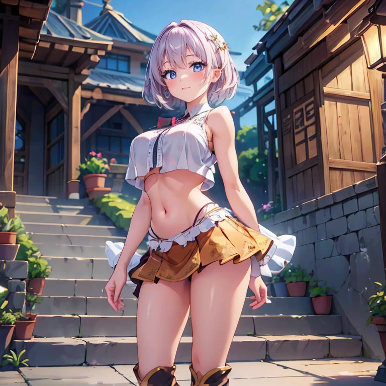 full body Waifu beautiful detailed eyes, beautiful detailed lips, extremely detailed eyes and face, longeyelashes, 1girl, sensual, young woman, sexy medium / large breasts, beautiful feminine face, nice sexy thighs, slim, sexy, erotic, beautiful clothes, perfect body, perfect anatomy of female, cinematic lighting and framing, (best quality,4k,8k,highres,masterpiece:1.2),ultra-detailed,digital painting,portrait,glamorous,highly detailed,soft lighting,warm color tones (High heel knee high boots)、(Sleeveless shirt with text print、belly button)、Tight mini skirt with slit、A 1 girl standing alone by a pillar on the stairs in front of the station at night.、Short Bob Hair、Medium breast、smile、Beautiful long legs、masterpiece:1.3、Raw photo quality、Highest quality、Detailed image quality、Detailed Background、White panties、Panty shot、