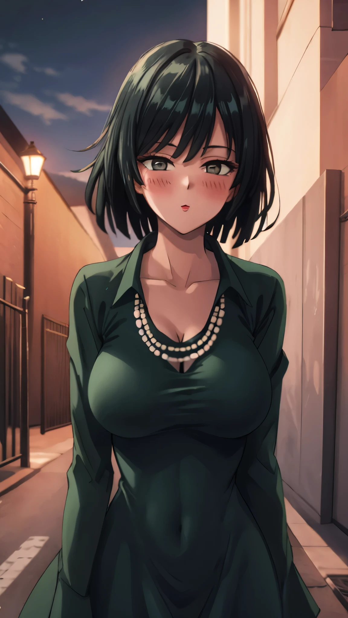 （（super high quality,））（（Ultra-high resolution,））（16k,）（super masterpiece,）（（Ultra HD ,））（Detailed shading,）Looking directly at the camera,Upper body photo,Rooftop with a night view,One sexy woman,Short black hair,Hair lifted by the wind,Very large breasts,A long black dress with a tight collar,Long sleeve,be happy,blush,necklace,Stretch your hands out in front,