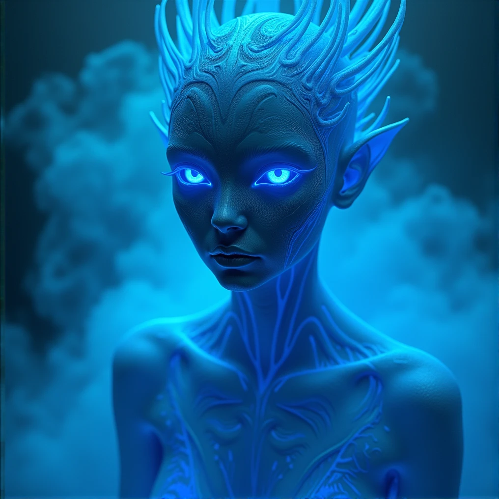 A spiritual astral creature with three large white eyes, no mouth and the nostril is identical to that of a snake.
Balance between the bad and the good.
Slender female body, thin and all blue, Kale