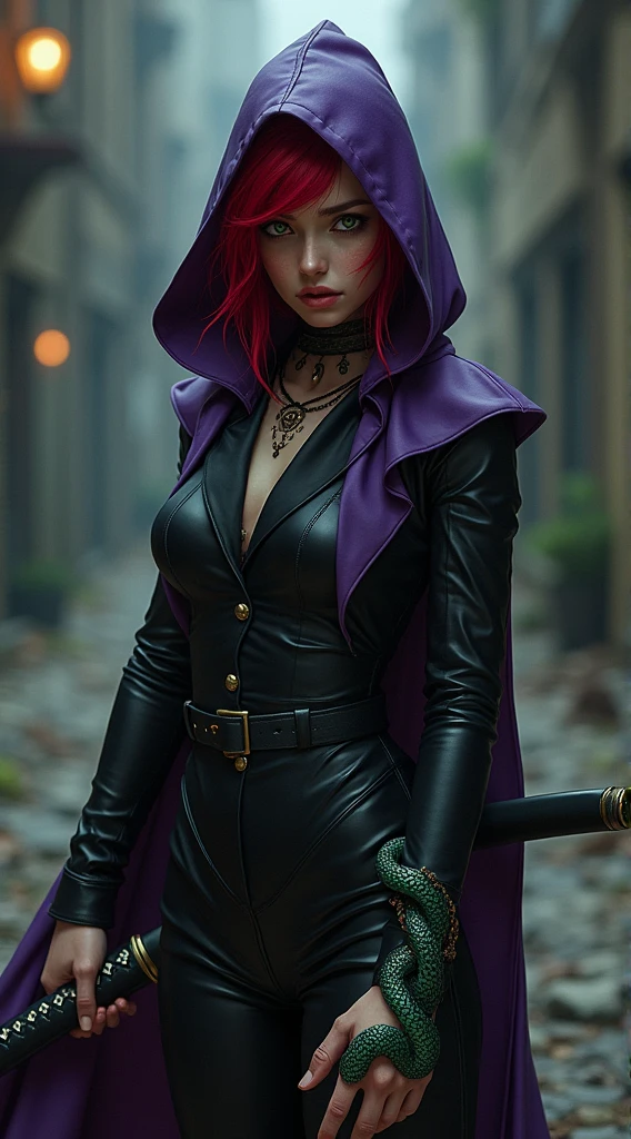 A hot female monster in purple outfit inside a forest wildlife