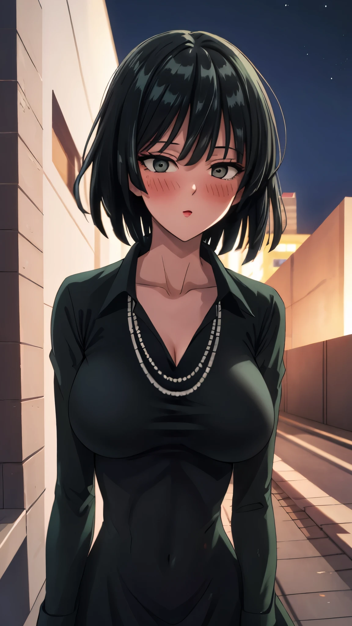 （（super high quality,））（（Ultra-high resolution,））（16k,）（super masterpiece,）（（Ultra HD ,））（Detailed shading,）Looking directly at the camera,Upper body photo,Rooftop with a night view,One sexy woman,Short black hair,Hair lifted by the wind,Very large breasts,A long black dress with a tight collar,Long sleeve,be happy,blush,necklace,Stretch your hands out in front,