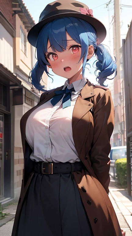 ((top-quality、8K、​masterpiece:1.3))、1人、In a town where many people walk、Slender Abs、sofas、hyperdetailed face、A detailed eye、二重まぶた、非常にlarge full breasts、large full breasts、Colossal tits、Neat and clean schoolgirl、black hair shorthair、Straight bob hair、Shorthair with bangs、A smile、Schoolgirl Uniform、Low female genitals visible through the skirt、An 18-year-old woman、Sheer white shirt、Unbutton and unfold the shirt、Exposing breasts、Navy blue ribbon at the collar、Dark blue pleated micro mini、Sexy、Peek at the viewer、Beautiful graphics、Bright and sunny main street、There are a lot of people、Show me your whole body、beautiful legal body photos、is standing、No bra、teats see through、The shape of your nipples is noticeable even under your shirt.、No panties、No panties、Detailed female genital shape pantyhose missing、(Facing the front)(((Blushing cheeks、embarassed expression)),(((The skirt is rolled up by the wind)))、Showing female genitalia、、Background depth of field、Please choose one&#39;skirt in the crowd、Men behind、Grabbed by a man、Chest grabbing