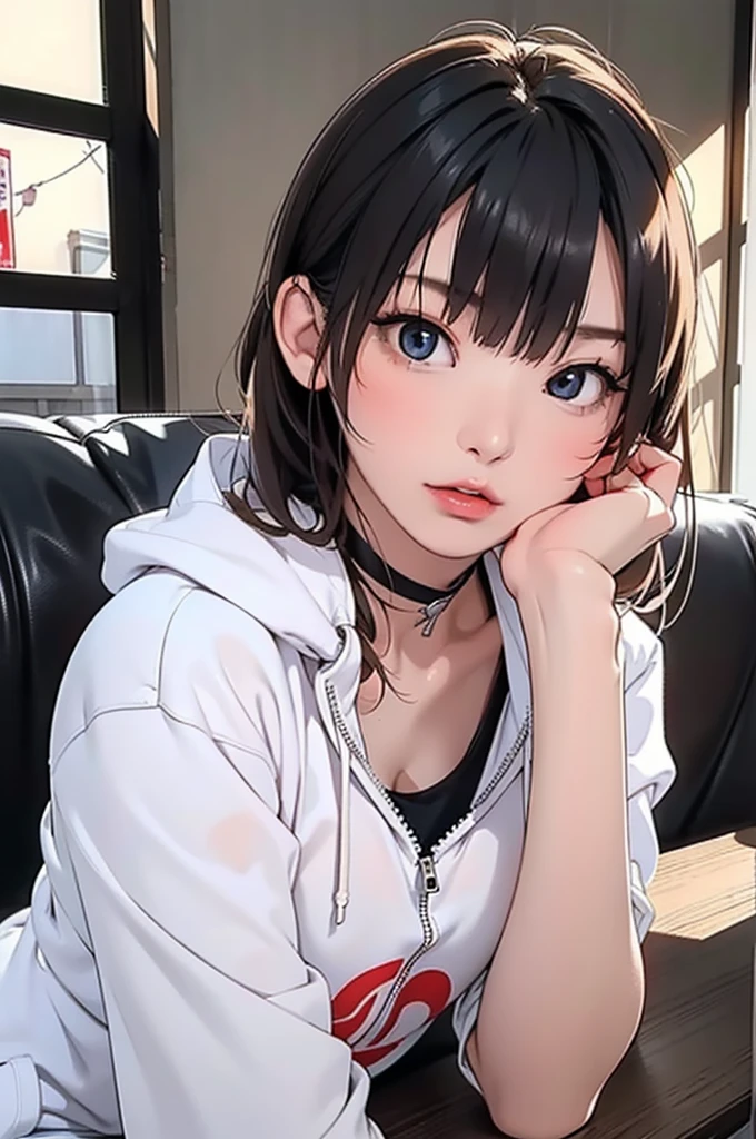 pornographic photo of a beautiful girl wearing casual shirt with a hoodie, bottomless, white kitchen window, messy medium hair, slim body, view from back,medium upper body shot, looking at the camera, detailed skin, matte skin, heavy shadow, film photography, (goosebumps:0.5),
