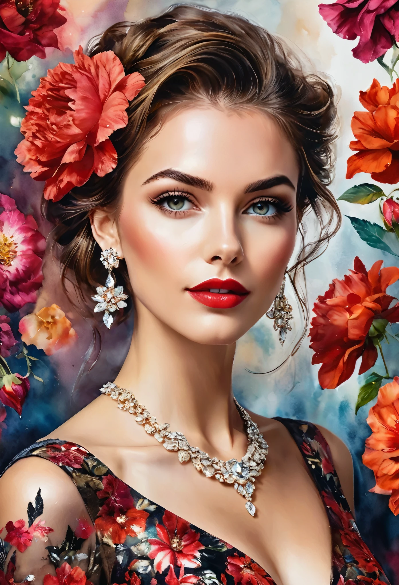 Watercolor paint, A masterpiece. beautiful and realistic woman, detailed face, crystal clear amber eyes, red lipstick, flowing brown hair, dried red flower in hair, delicate earrings and necklace, red and black shiny satin floral dress, exposed shoulders, flower background, portrayed from the knees up, stunning image, Bokeh background, Ultra HD.