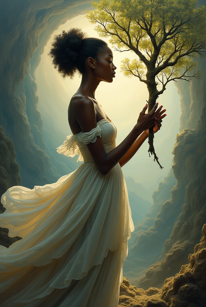 Levitating completly naked black woman