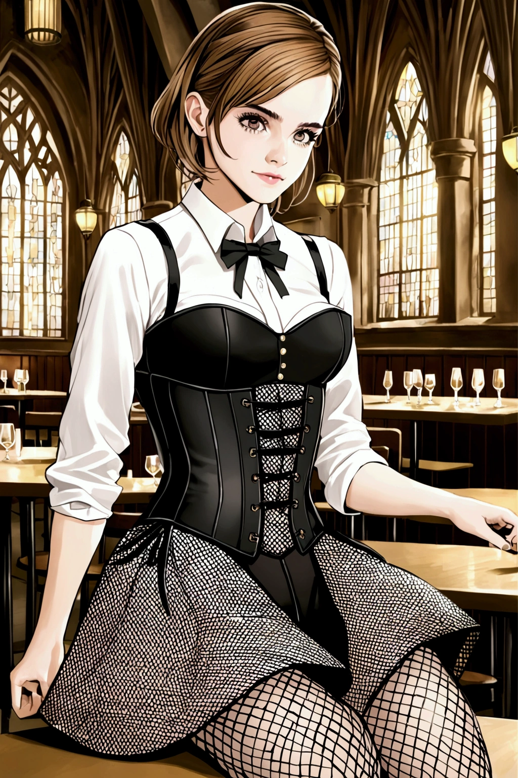 Emma Watson is wearing a corset and fishnet stockings in Hogwarts dining hall