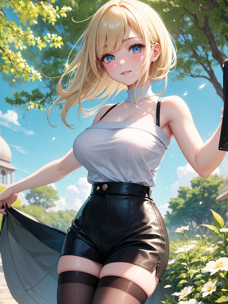 Anime style, super fine illustration, highly detailed, beautiful detailed, pale tone image, static representation, gentle expression, 8k, pretty 1girl with blonde straight short hair & blue eyes & a bright smile & full bust & soft fair skin is wearing the black polo shirt & sportshorts, in the park, in the morning, in the brilliant particles of lights, romantic stories, solo, perfect 5fingers, perfect arms, perfect legs, masterpiece.