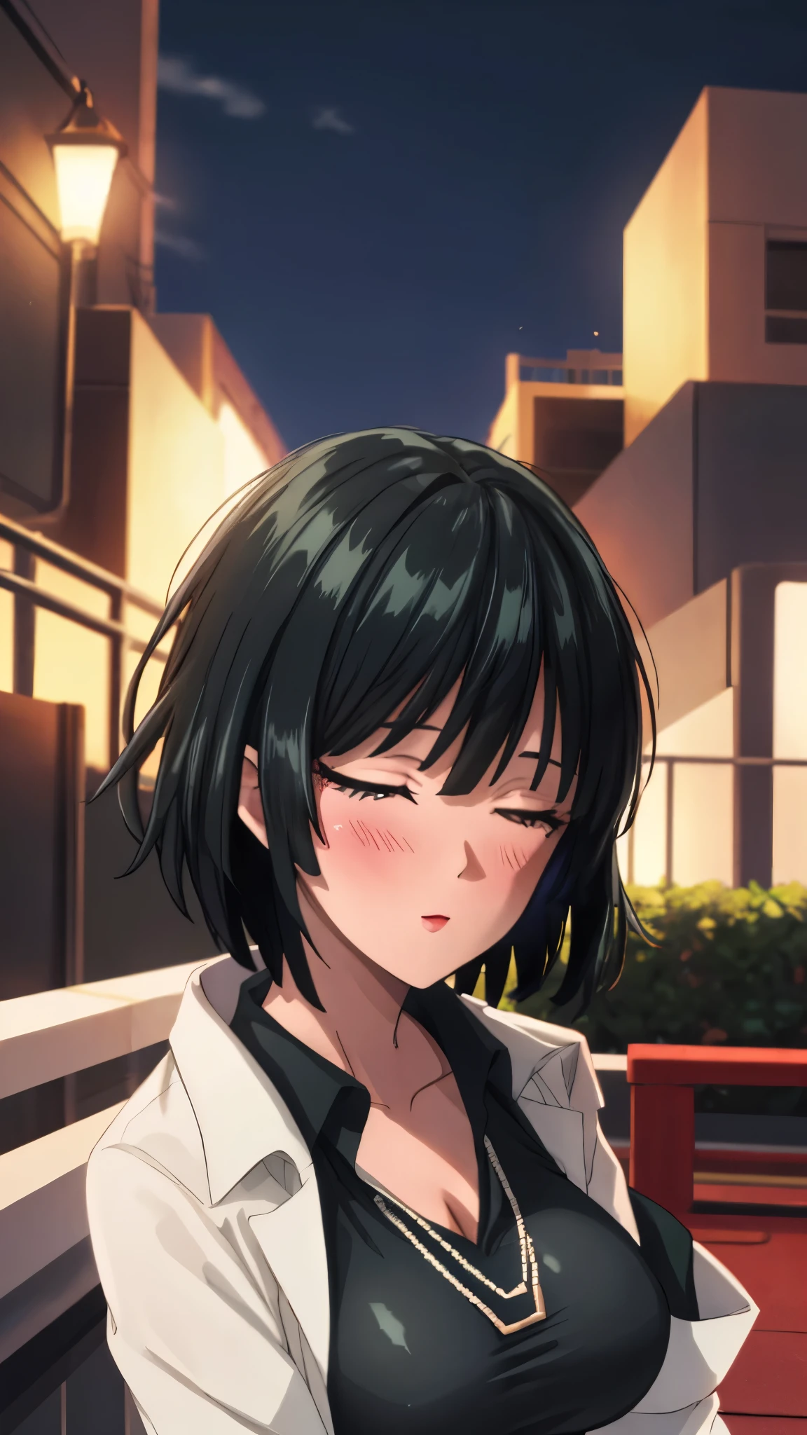 （（super high quality,））（（Ultra-high resolution,））（16k,）（super masterpiece,）（（Ultra HD ,））（Detailed shading,）Looking directly at the camera,Upper body photo,Rooftop with a night view,One sexy woman,Short black hair,Hair lifted by the wind,Very large breasts,A long black dress with a tight collar,Long sleeve,be happy,blush,necklace,slouch,Spread your hands,