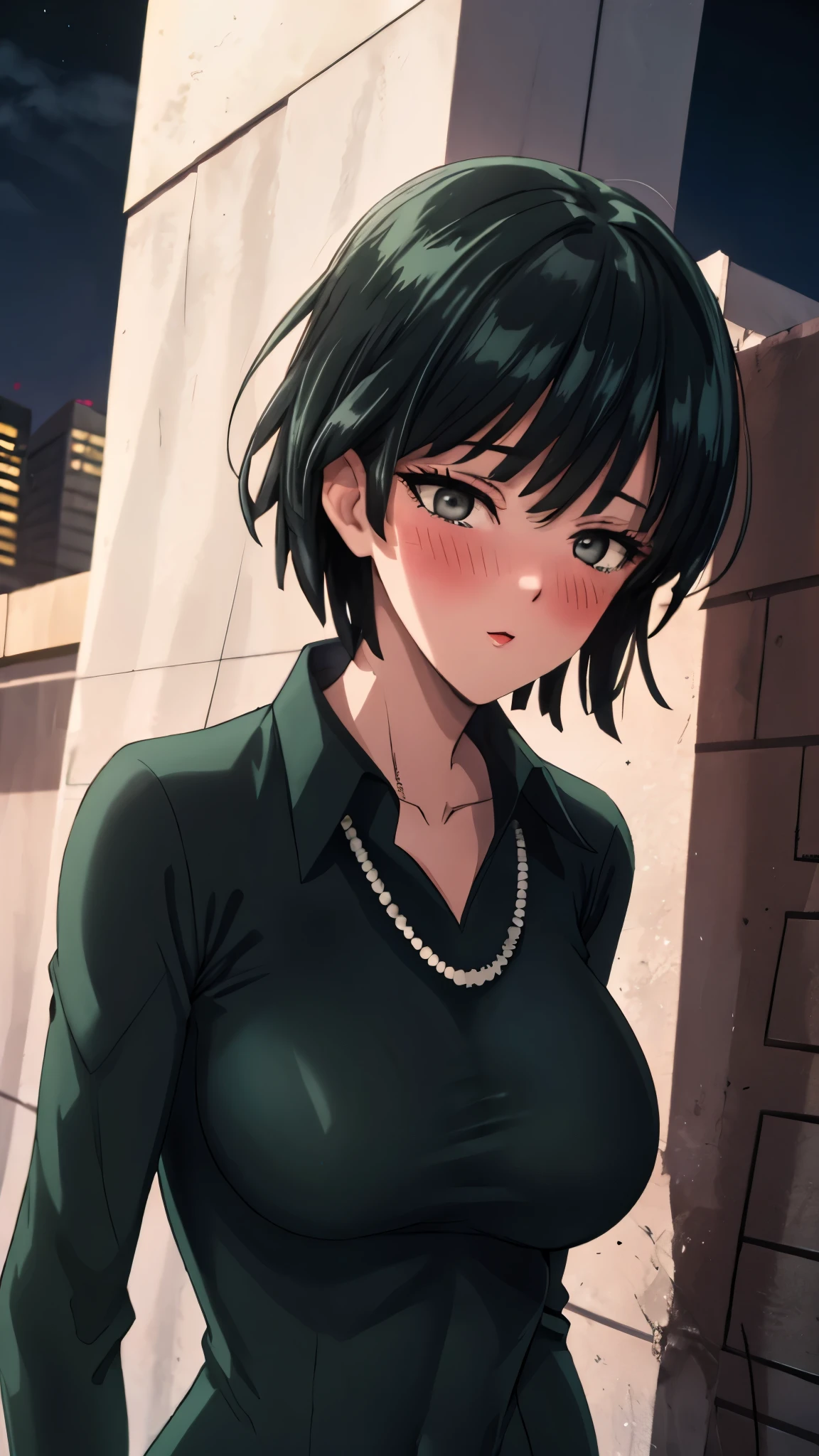 （（super high quality,））（（Ultra-high resolution,））（16k,）（super masterpiece,）（（Ultra HD ,））（Detailed shading,）Looking directly at the camera,Upper body photo,Rooftop with a night view,One sexy woman,Short black hair,Hair lifted by the wind,Very large breasts,A long black dress with a tight collar,Long sleeve,be happy,blush,necklace,slouch,Spread your hands,