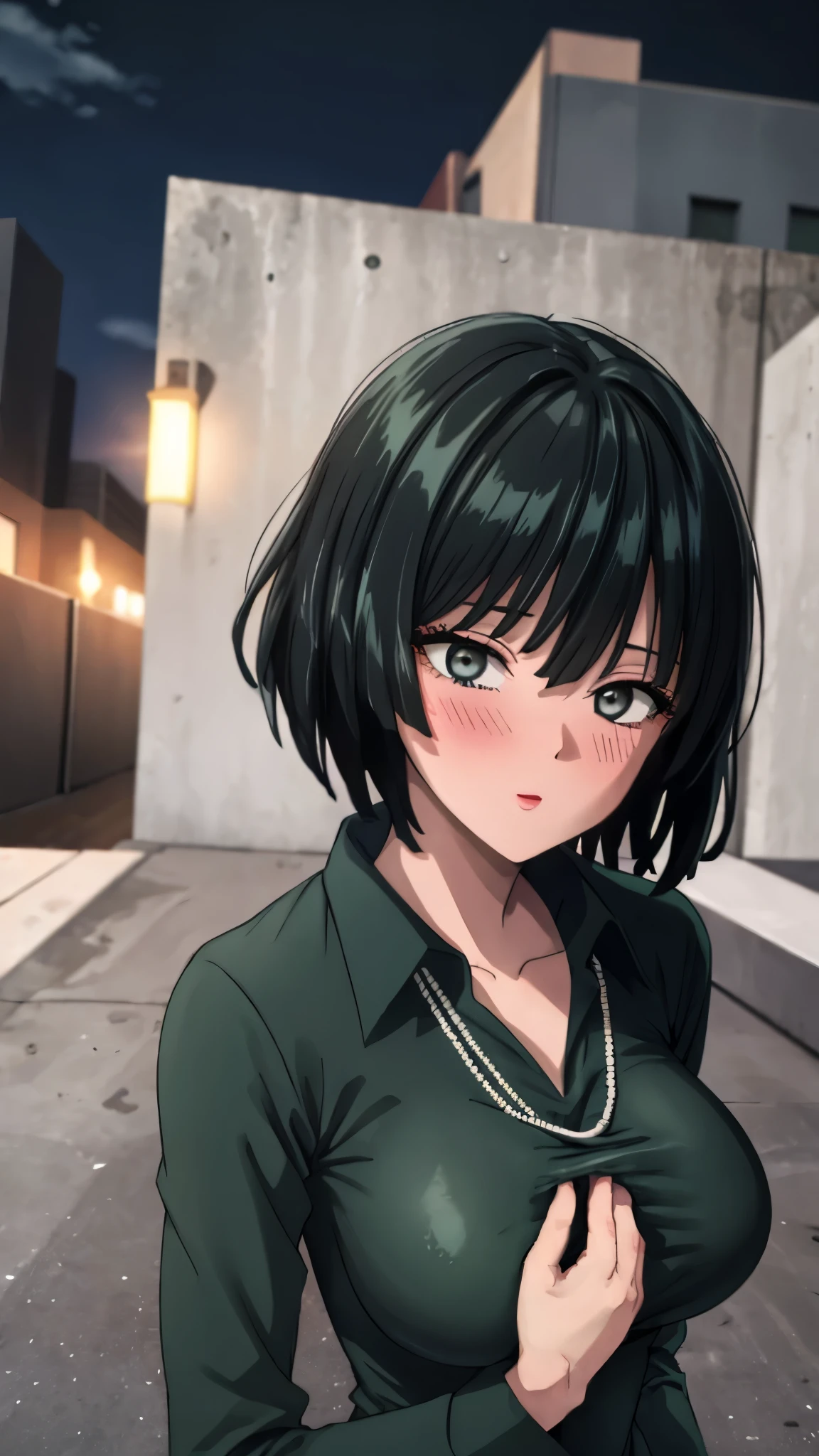 （（super high quality,））（（Ultra-high resolution,））（16k,）（super masterpiece,）（（Ultra HD ,））（Detailed shading,）Looking directly at the camera,Upper body photo,Rooftop with a night view,One sexy woman,Short black hair,Hair lifted by the wind,Very large breasts,A long black dress with a tight collar,Long sleeve,be happy,blush,necklace,slouch,Spread your hands,