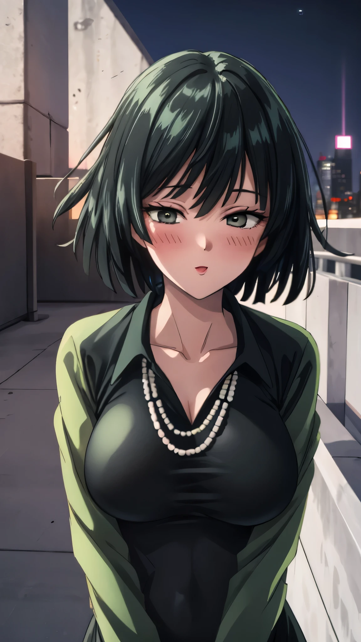 （（super high quality,））（（Ultra-high resolution,））（16k,）（super masterpiece,）（（Ultra HD ,））（Detailed shading,）Looking directly at the camera,Upper body photo,Rooftop with a night view,One sexy woman,Short black hair,Hair lifted by the wind,Very large breasts,A long black dress with a tight collar,Long sleeve,be happy,blush,necklace,slouch,Spread your hands,