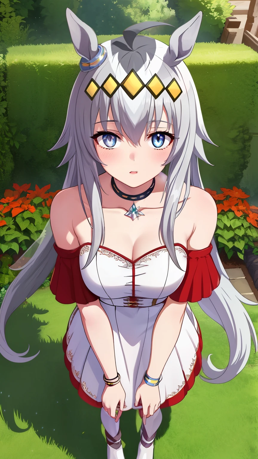 (Best Quality),8K wallpaper, Alone, Game CG, Beautifully detailed face and eyes, Perfect Anatomy, fullbodystanding, outside, Red cheeks, Glossy lips, Wedding Dresses, Off the shoulder, necklace, jewelry, garden。Horse Girl,Ahoge