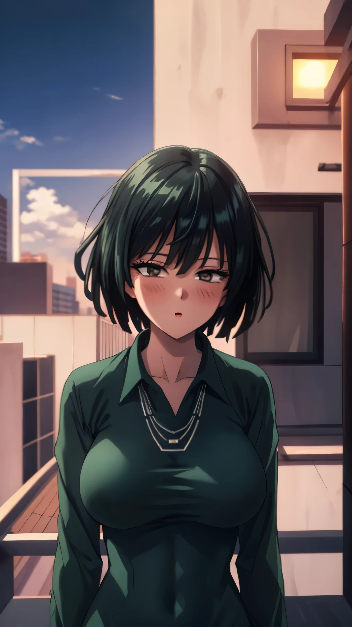 （（super high quality,））（（Ultra-high resolution,））（16k,）（super masterpiece,）（（Ultra HD ,））（Detailed shading,）Looking directly at the camera,Upper body photo,Rooftop with a night view,One sexy woman,Short black hair,Hair lifted by the wind,Very large breasts,A long black dress with a tight collar,Long sleeve,be happy,blush,necklace,slouch,Spread your hands,