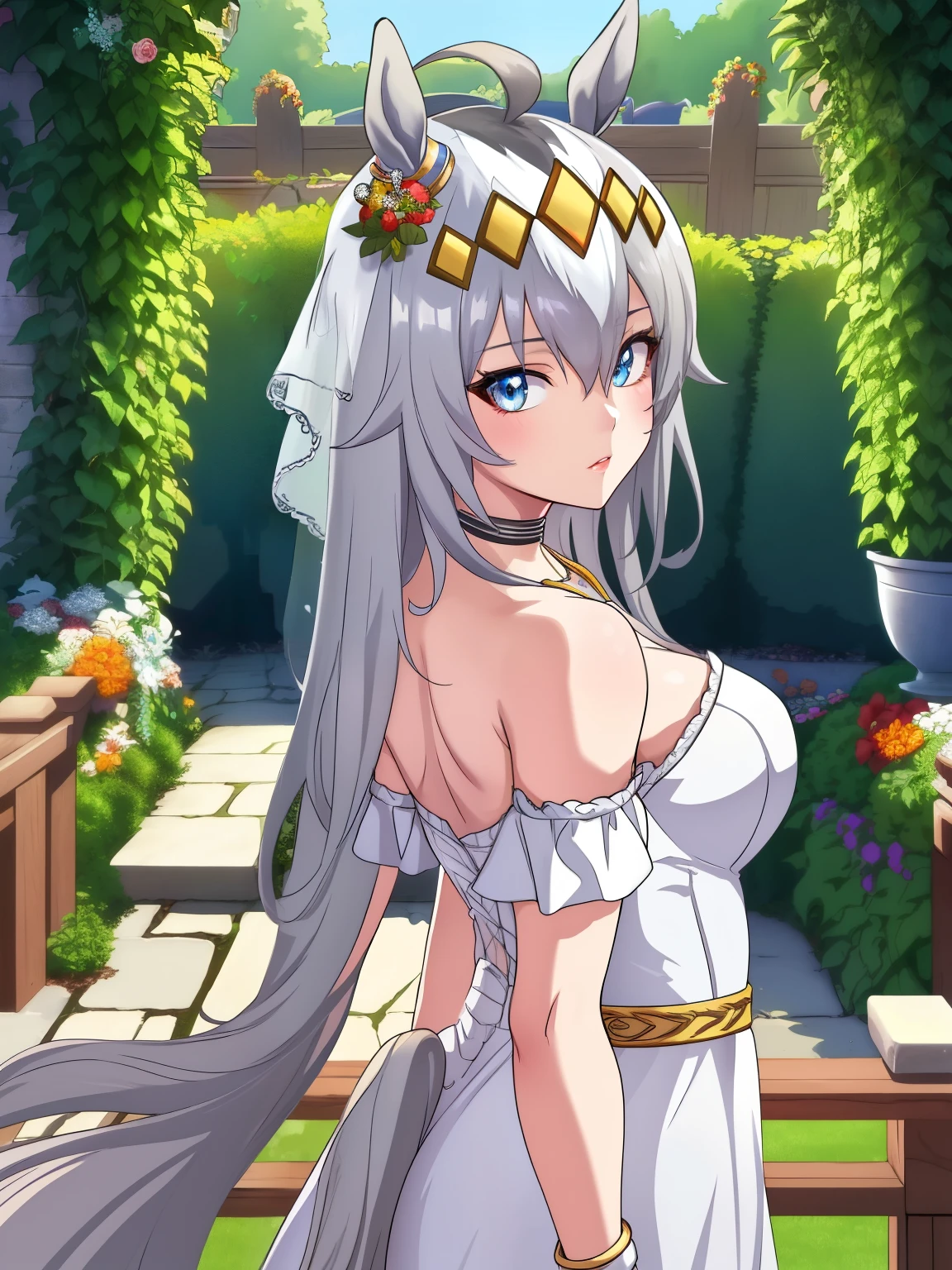 (Best Quality), 8K wallpaper, Alone, Horse Girl,Game CG, Beautifully detailed face and eyes, Perfect Anatomy, Standing, outside, Red cheeks, Glossy lips, Wedding Dresses, Off the shoulder, necklace, jewelry, garden, Looking back at the audience