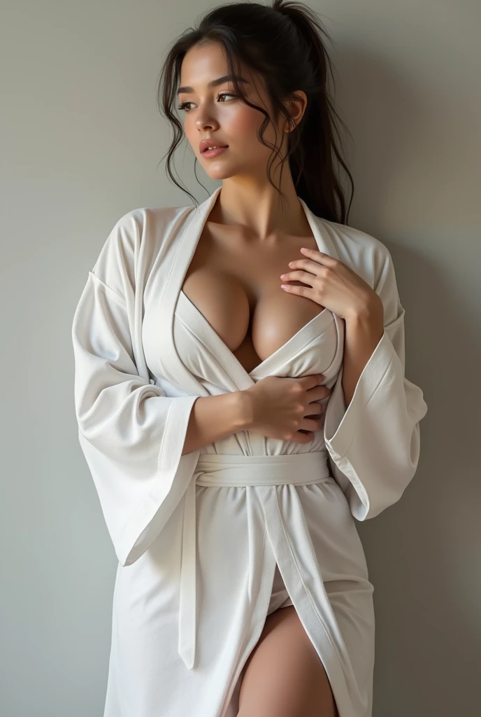 (masterpiece), (extremely intricate:1.3), (realistic), beautiful mature woman with short black hair, her face is full of makeup, her lips are red and shiny, her breasts are big and round, (wearing a white bathrobe), hair wet, standing in bathroom
