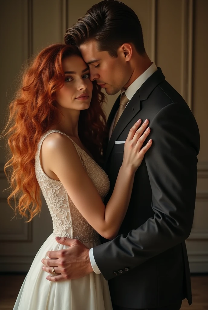 young busty orange hair girl in sexy shiny wedding dress with gold heel sitting with her husband