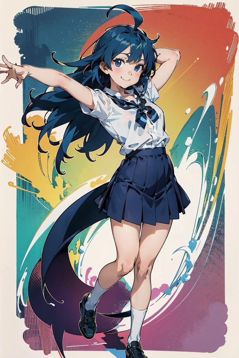 Yoshiko Tsushima love live,serafuku, gray mini skirt, slightly from side, arms behind head, armpits,wind ,navel, breasts, smile , standing, sleeveless
