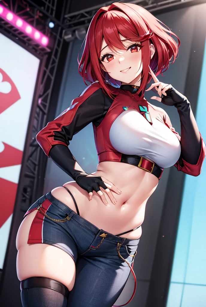 Pyra Homura, reddish hair in ponytail, white shirt with dark long sleeves, jeans, sneakers, fingerless gloves, room stage, woman to reactive and cute, provocative and affectionate demeanor, friendly and daring smile at the same time, noticeably in love, slight blush, provocative pose 