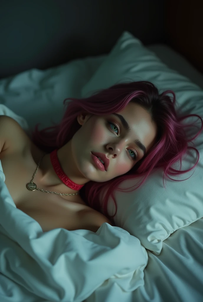 create a very realistic brunette woman with the same face, with pink hair lying in bed completely naked with sunlight coming in through the window and illuminating her visible breasts and with her butt with a visible tattoo and breasts on display lying on her back