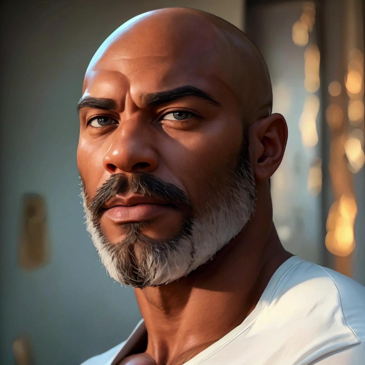 1 man, african american, alone, facial hair, 3, dominant, male focus, 24cm flaccid penis, bald head, beard, muscular, mature man, muscular man, beard, short hair, large pecs, thick eyebrows, dark skinned man, erection, thighs, erection under clothes, dark skin, open tight white shirt, open t-shirt, grey business tight pants, feet in frame, thick thighs, looking at viewer, non stage, transparent background, white background, transparent background png format, transparent post background png, masterpiece, 4k, high quality, high resolution, RETINA visual quality, overwhelming sharpness level with 4k upscaling