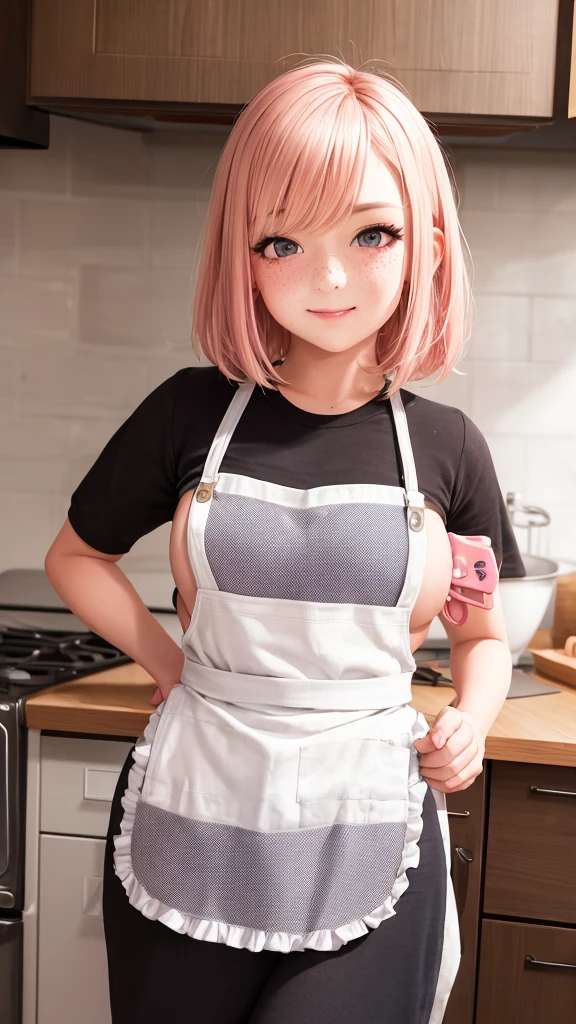 pov,looking at viewer,(light pink blouse),(pink long skirt),((light yellow Apron)),cowboy shot, from side, solo,noon time, kitchen,masterpiece, best quality, high resolution, 4k, ultra high resolution, highly detailed, highly detailed, beautiful eyes, beautiful hair, beautiful side, beautiful skin,shiny skin,good hands,,curvy,large breats,tamaki,(Mole under left eye),Cosmic eyes
