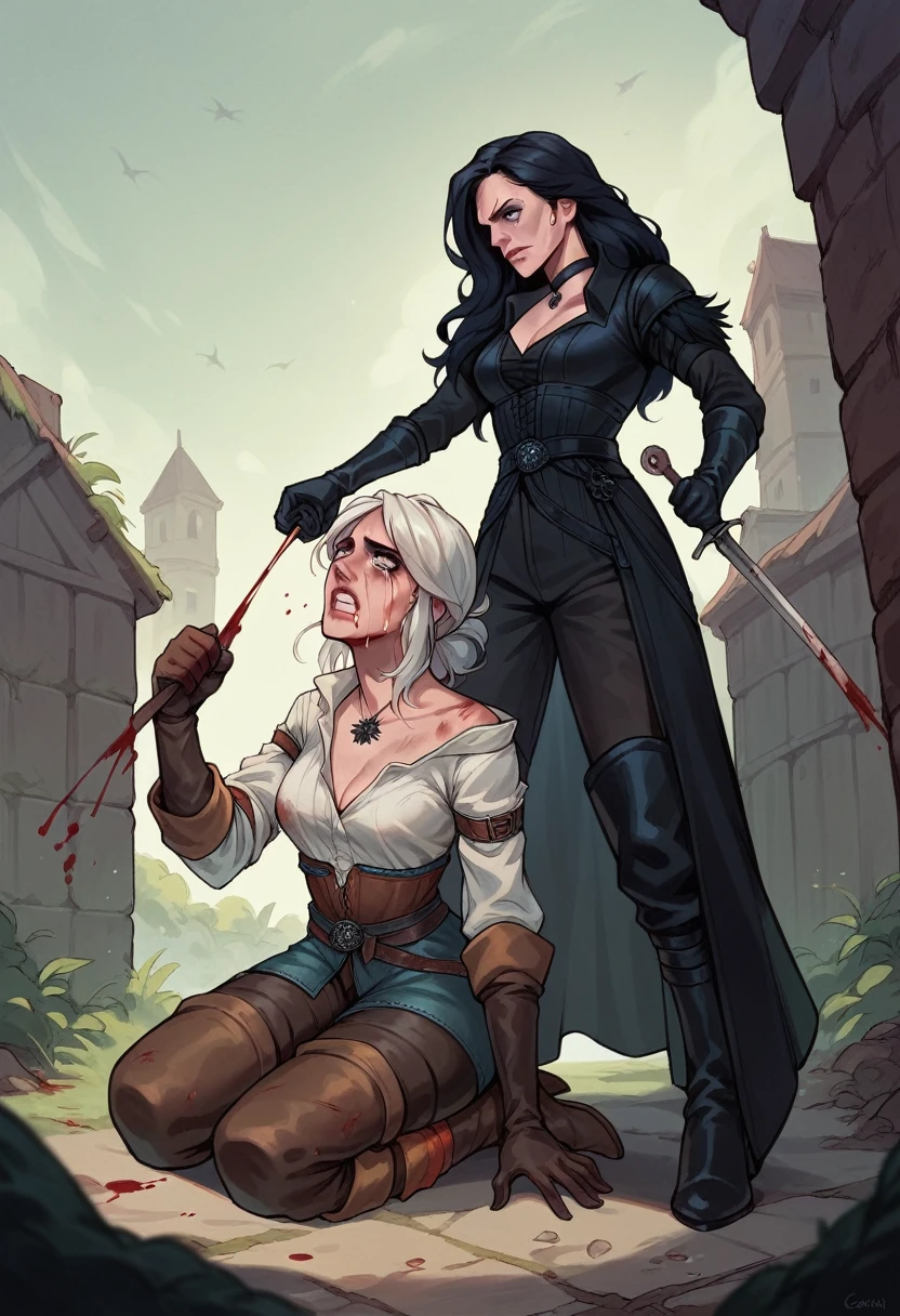"high resolution, image of a dead elf lying on the ground of a battlefield. The elf has long, dark hair, tangled and dirty with blood and dirt. Your eyes are open, looking up at the sky with a blank and sad expression. Pale skin contrasts with his finely crafted armor., that is broken and covered in blood. A broken sword is embedded in his abdomen, the cause of his death evident. Around her, pieces of arrows, a fallen dagger, and bloodstains scattered. The ground is a mixture of dirt and grass, with battle marks all over. Ao fundo, shadows of destroyed trees and a dense fog that covers the battlefield."