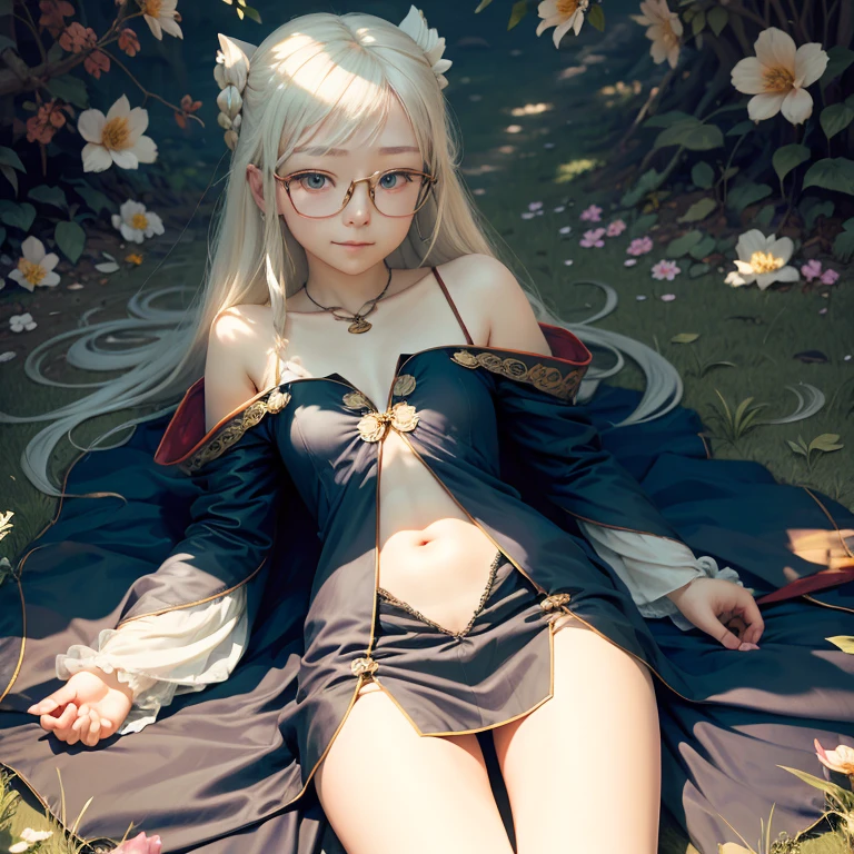 Transparent hair、hime-cut、Golden Eyes、eye glasses、ssmile、early teenage girls、flat chest、Thin pubic hair、Beautiful open legs、robe、flower  field