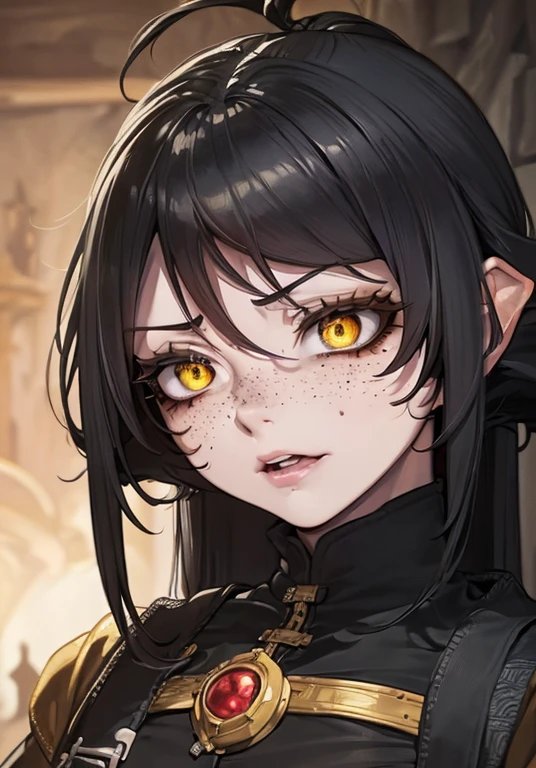 ((Fantasy Character. adult woman, with black hair and yellow eyes. Fair skin with freckles on nose and cheeks. A frightening look and expression. Woman in medieval clothing, White and black. Anime line medieval era.