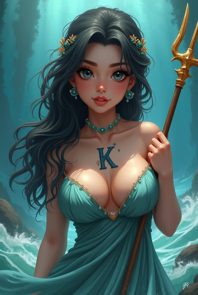 ((A young woman))), the anime, ( Green eyes), (black hair), Nice face, ssmile, the perfect body, Wavy Hair, hairlong, (((morena))), big breastes, ((tmasterpiece, beste-Qualit)), illustartion, ультра детализированная 8k, Photorealistic, sharp-focus, higly detailed, Professional lighting, colorful details, Rainbow colors, Glowing, intricate detials, Vivid details, oceanarium, pisceus, Lots of water, Aquarium with fish, Primordial world, algae, corals, seabed, mermaid, fish tail, mermaid costume