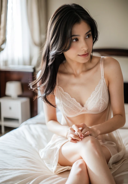 (Ultra-realistic), (figure), (High resolution), (8k), (Very detailed), (Best figure), (beautiful detailed eyes), (Best Quality), (Very detailedな), (masterpiece), (wallpaper), (Detailed face), Alone, (Dynamic pose), One Girl, White wavy hair on the bed, Losing clothes, Japanese, Iris-colored eyes, (((Very thin, Small and short nightdress)), Medium chest, Long legs, Best foot comfort, (No pants), (No bra)  