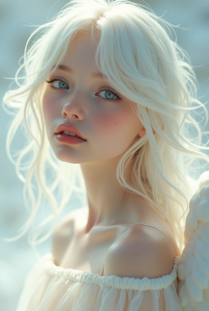 Woman with blue eyes, long white hair, large breasts, naked 