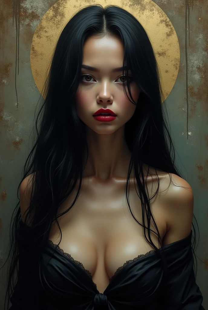 girl with long black hair, very small tits, speech bubble,sexy nude, open legs, open pussy,masturbation, fingers in pussy, vaginal fluids,, great detail, many talking hearts, {{{movement lines}}},, {{panties aside}},, eroticism, sexy, white image and black, between shadows, oil painting, chiaroscuro, sensual, dramatic lighting, moody atmosphere, photorealistic, intricate details, masterpiece, ultra-detailed, high quality, 8k, best quality, realistic, cinematic, Dark and melancholic composition, expressionistic and powerful , emotional impact, art inspired by Bill Sienkiewicz.