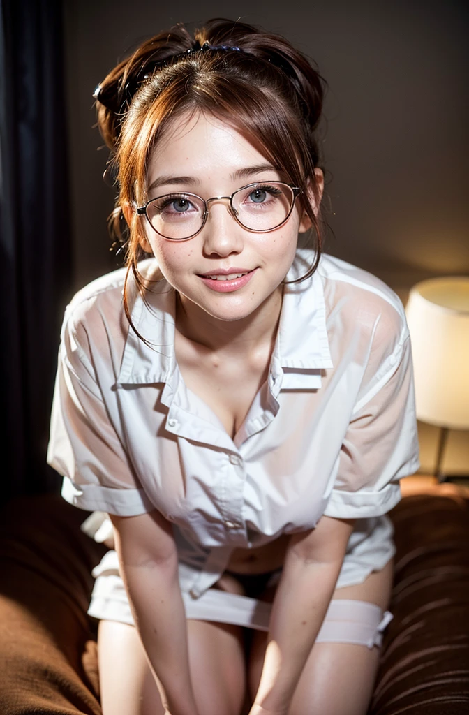 1girl, 1 Russian idol, redhead, (short hair), blue eyes, face freckles, (cute face), (baby face), (((cheeks))), fewer clothes, (((small and sagging breasts))), (4K), (1 girl), (face freckles), (((2 ponytails))), (big brown eyes), (smiling:1.25), collar bones, (an extremely delicate and beautiful girl), (white underwear), (masterpiece), (best quality:1.0), (ultra high resolution:1.0), (sitting pose), (body hair:1.2), (skin detail), (erotic photo style), (((thick nerdy eye-glasses))), (sexy underwear)