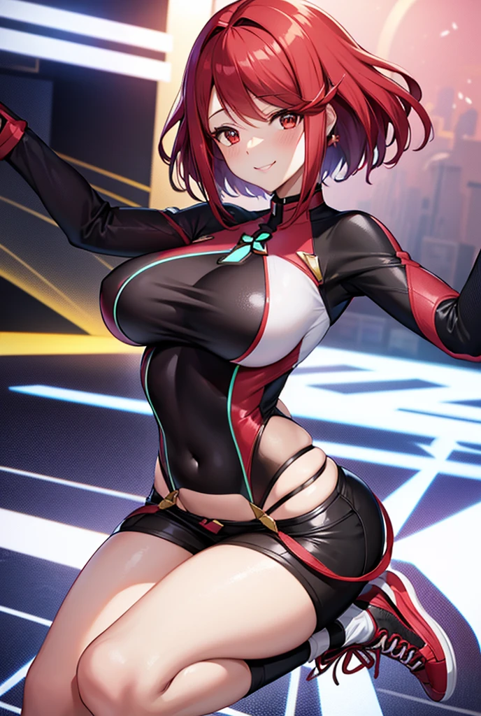 Pyra Homura, reddish hair in ponytail, white shirt with dark long sleeves, jeans, sneakers, fingerless gloves, room stage, woman to reactive and cute, provocative and affectionate demeanor, friendly and daring smile at the same time, noticeably in love, slight blush, provocative pose 