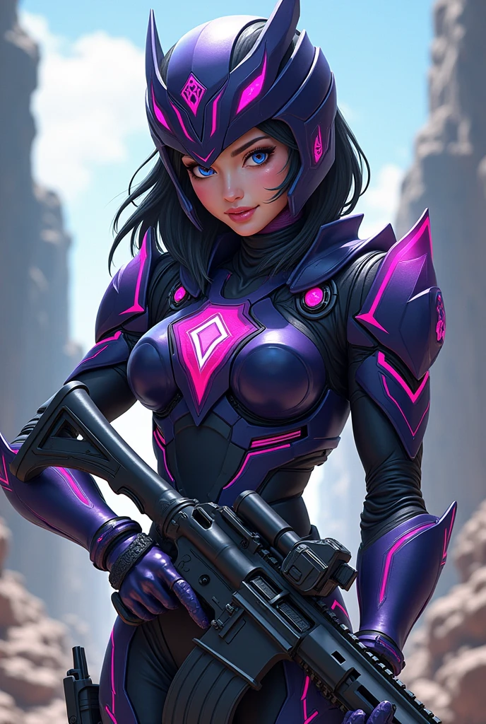 Image 16k, UHD, Super Metroid style, [Woman|maid| Samus Aran| Ninja],(((black clothing with white parts)))), (((short purple hair))), (((green eyes))), looking at the viewer, smile, holding futuristic weapons, futuristic city, heavy rain, wet body.
