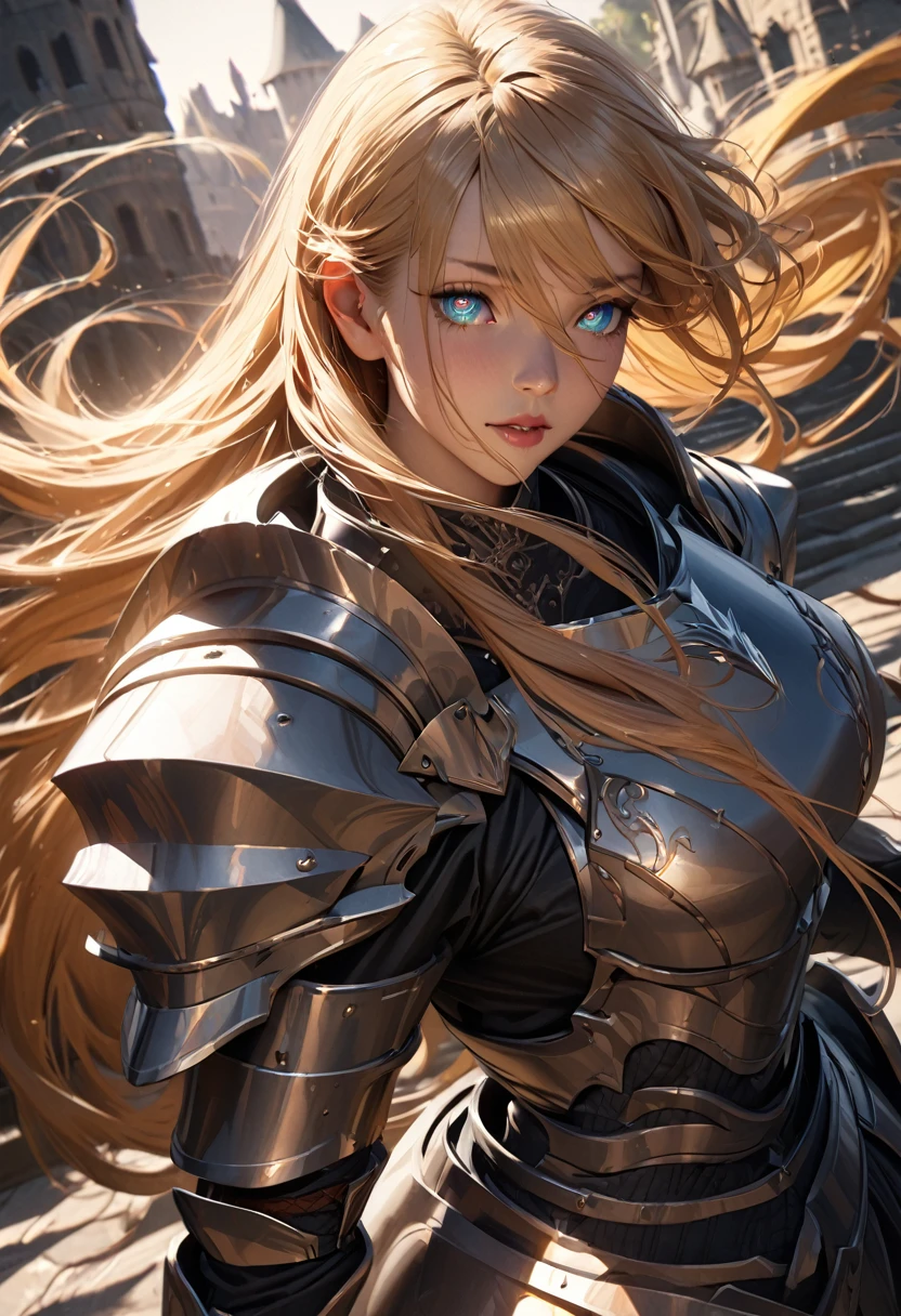 (masterpiece), one girl, knight, perfect anatomy, intricate, (highly detailed), masterpiece, photorealistic, perfect anatomy, cinematic lighting, shading, super detailed skin, beautiful detailed eyes, best quality, ultra-detailed, (illustration), ultra-detailed, close-up, (extremely delicate eyes:1.3), (blonde hair:1.3), (long hair), (flowing hair), (Heavy armour), (castle background), indie aesthetic, smile, dynamic pose, vibrant colour, shadow, contrast, refraction, perspective, depth, good anatomy, stunning details